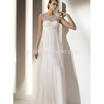 Empire Sheath Column Bateau Neck Floor-Length Chiffon Lace Draped Wedding Dress1